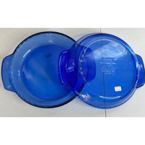2 Anchor Hocking VTG Cobalt Blue Ovenware 9” Deep Pie Plate Fluted Glass Handles - Picture 1 of 5